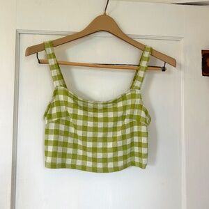 altar'd state Cropped Thick Spaghetti Strap Tank Top Green White Plaid Gingham M